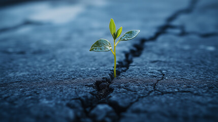 A small green plant is growing in the middle of a rocky, cracked ground. The plant is surrounded by a barren landscape, with no other vegetation in sight. Concept of resilience and hope