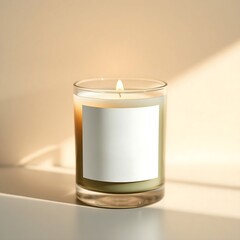 Burning candle in the glass jar container with neutral background and natural shadow white blank label for text, brand name and logo aesthetic handmade craft products mockup