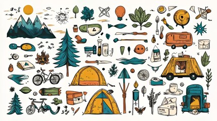 Obraz premium Large hand-drawn camping set featuring a variety of travel doodles