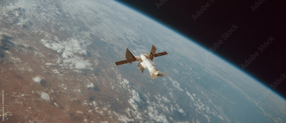 Poster advanced modular space station docking in earth orbit with extended solar panels highlighting intern