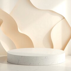 Empty white marble podium with abstract background in neutral beige color for product display presentation and business marketing modern minimalist design