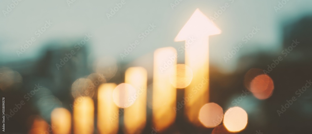 Poster Futuristic Glowing Bar Graph with Ascending Arrow on Virtual Surface Representing Tech Sector Growth and Continuous Market Innovation for Business Success