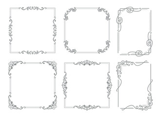 Vintage ornament frame. Decorative border frames, retro style divider. Elegant vintage frame and wedding ornaments Isolated icons vector set. Calligraphic filigree black ink borders collection