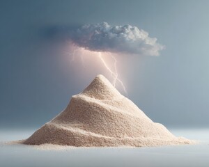 Silica sand pile with textured layers symbolizing stability and strength in construction industry, featuring dramatic storm and lightning for dynamic building materials promotion