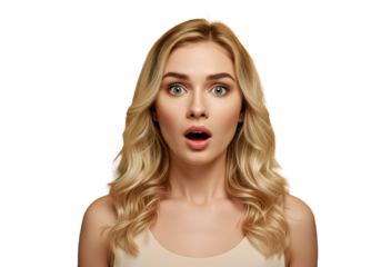 A woman with eyebrows raised, stunned expression on transparent background