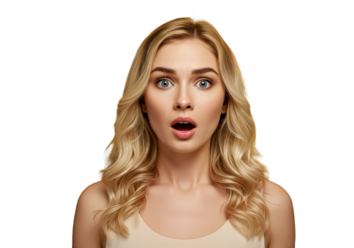 A woman with eyebrows raised, stunned expression on transparent background
