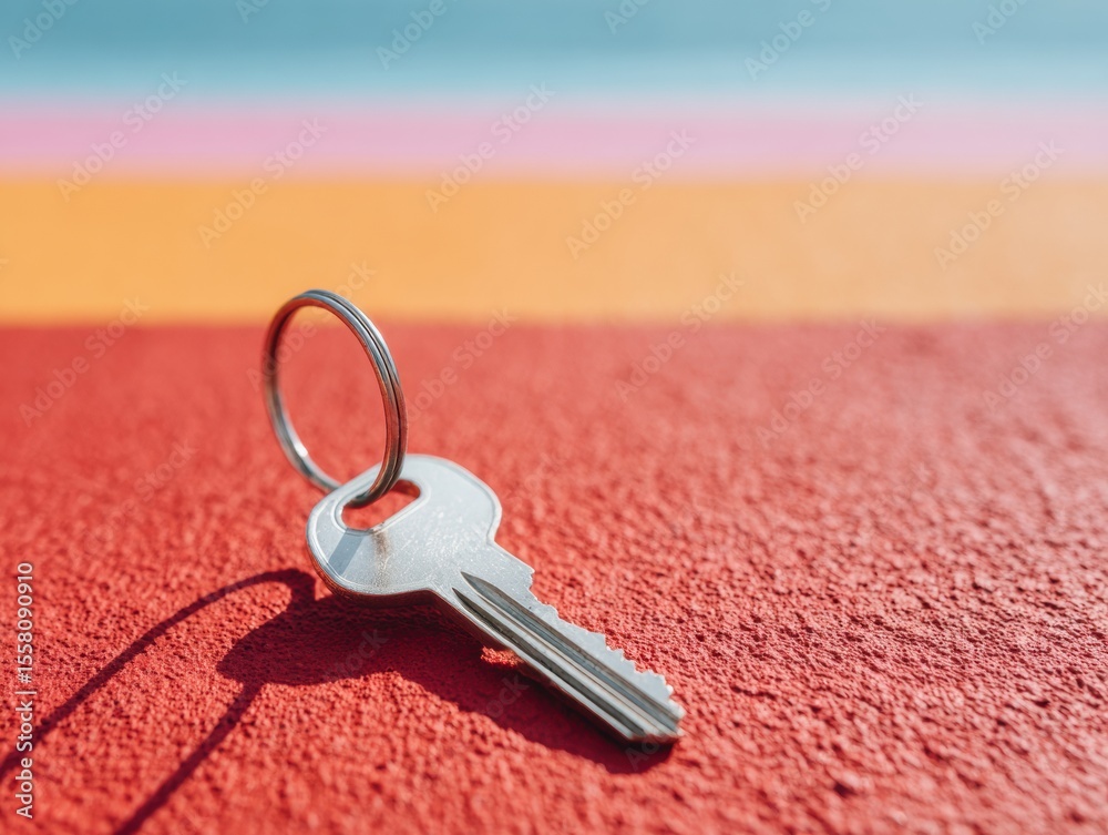 Poster Modern Security Concept with Metallic Key on Textured Surface Representing Digital Protection and Password Strength for Cybersecurity Marketing