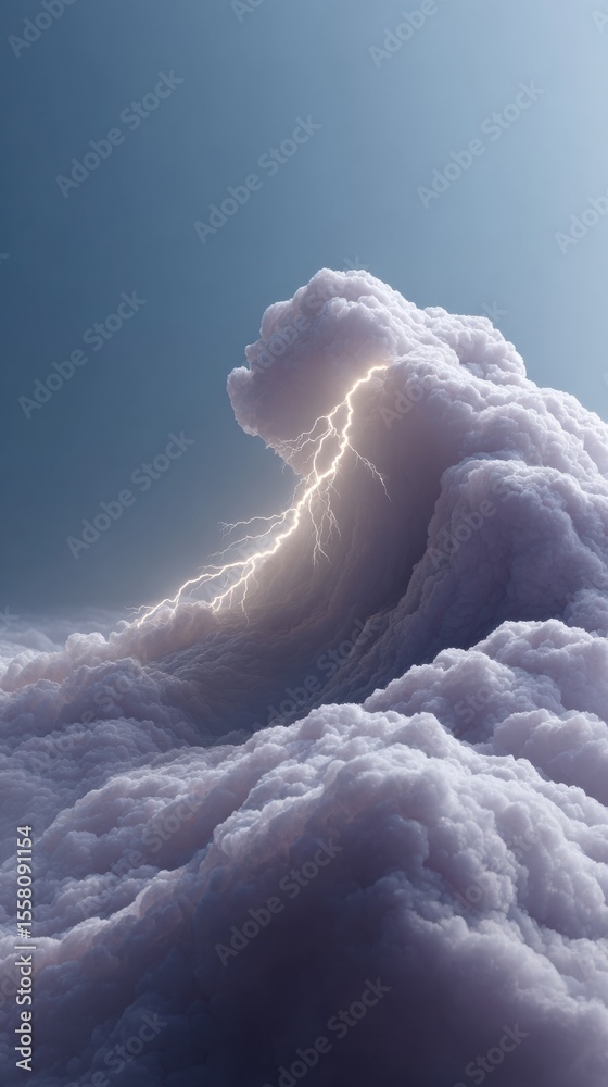 Poster dramatic cloud formation with lightning strike in moody blue sky - futuristic atmospheric digital ar