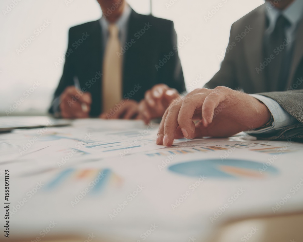 Poster strategic financial planning with business professionals analyzing charts and reports for corporate 
