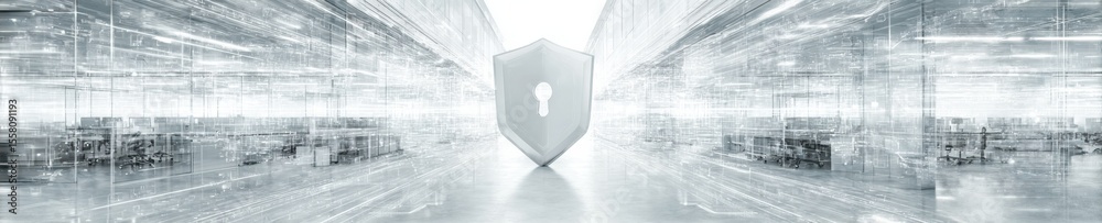 Poster Futuristic Cybersecurity Interface with Digital Shield and Lock Icons Showing Network Redundancy for Business Continuity and Data Protection