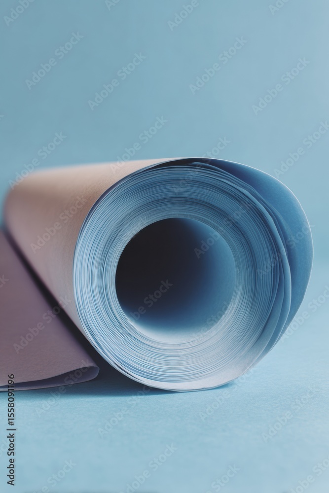 Poster Modern Architectural Blueprint Roll on Soft Blue Background Emphasizing Strategic Reconstruction Planning and Technical Precision for Project Proposals