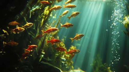 73.School of fish swimming under water of sea. School tuna fish swims in underwater