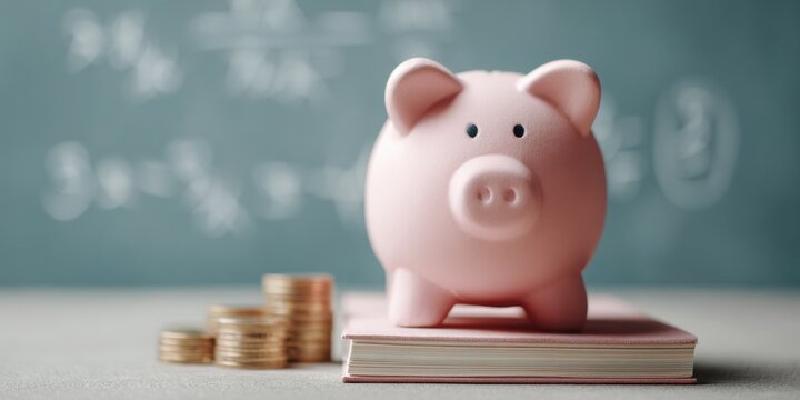 Educational Piggy Bank on Book with Stacked Coins and Chalkboard Equations Symbolizing Smart Tuition Loan Repayment and Scholarship Financial Planning