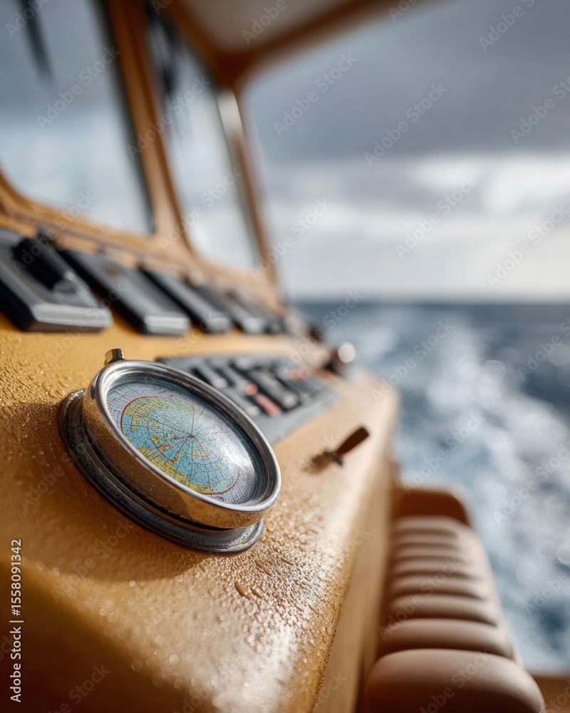Poster Modern Maritime Navigation Dashboard with Compass and Digital Controls on Vessel Bridge Showing Sea View Precision, Safety, and Marine Industry Innovation