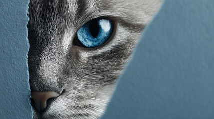 A cat with blue eyes is peeking out from behind a paper. The cat's eyes are the main focus of the image, and the blue color of the eyes adds a sense of curiosity and playfulness to the scene