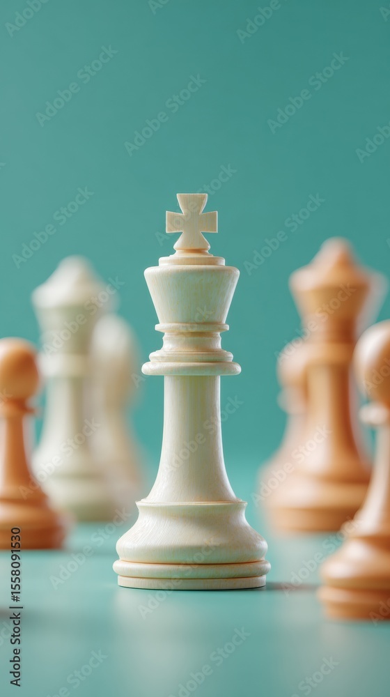 Poster quantum-inspired strategic chessboard with focused king piece and surreal data overlays representing