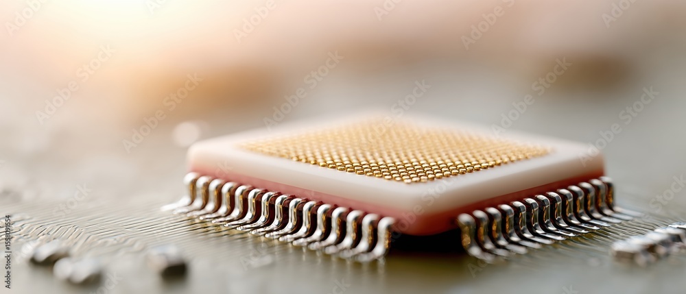 Poster Close-up of Quantum Processor Circuit Board with National Emblem and Microchips on Industrial Background for AI and Tech Innovation Campaign