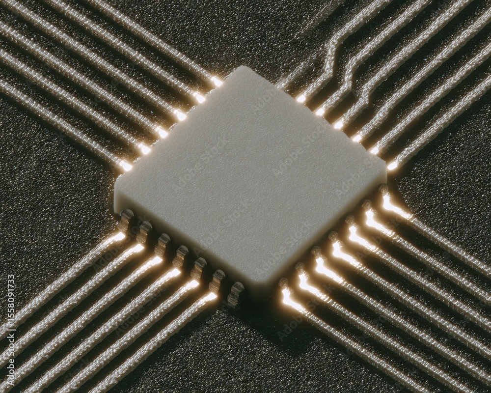 Aufkleber Quantum AI Chip with Illuminated Circuitry on Textured Surface Symbolizing Advanced Computing and Smart Automation in Tech Innovation