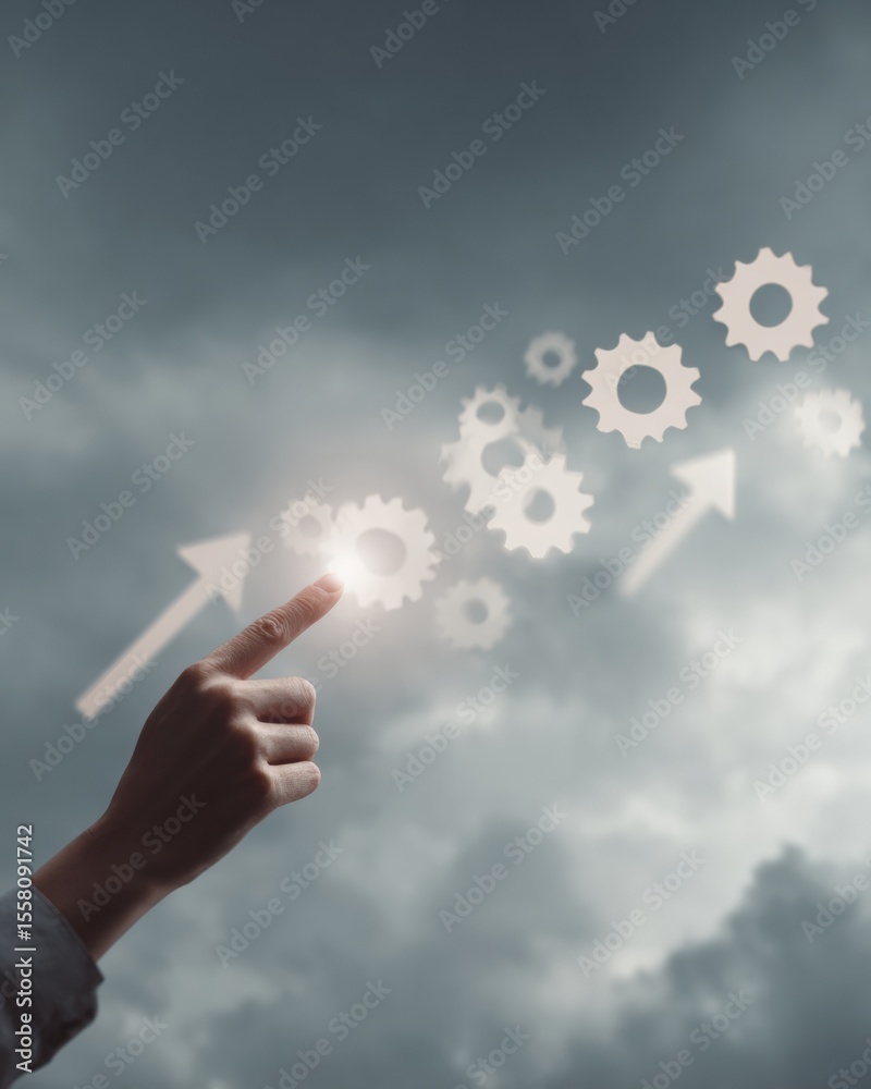 Aufkleber Digital Transformation and Productivity Boost with Hand Interacting on Floating Gears and Rising Efficiency Arrows in Modern Business Innovation Concept