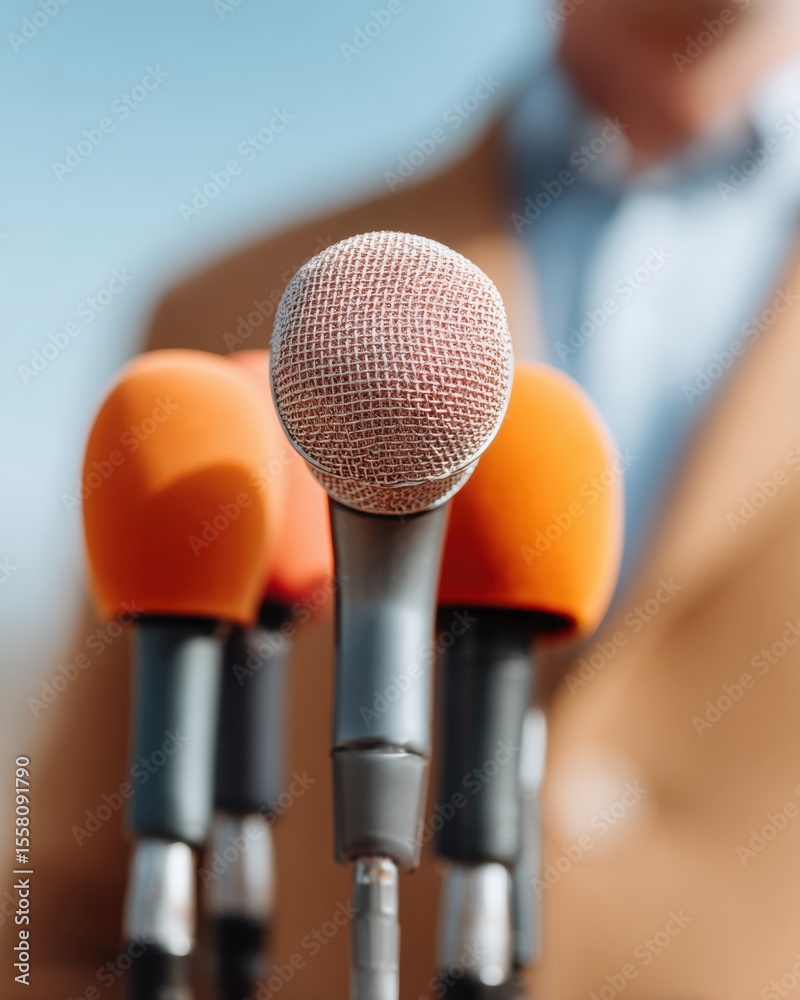 Aufkleber Close-Up of Press Briefing Microphones in Business Setting Representing Media Coverage and Journalistic Communication for Modern PR Campaigns