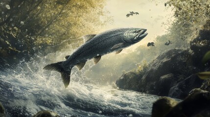Fototapeta premium 107.A breathtaking action shot of a king salmon leaping through a stream, its body twisting in the air, with water splashing dramatically around it against a natural river backdrop.