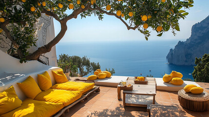 A beautiful view of the ocean with a yellow patio set. The patio is filled with potted plants and a few chairs