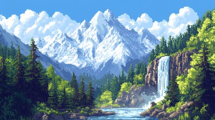 Obraz premium Pixel Art Mountain Waterfall Scenic Landscape 