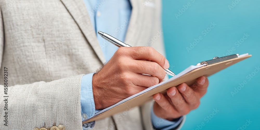 Poster modern business professional writing on clipboard with pen showing focus and organization for office