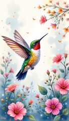 Fototapeta premium Colorful Hummingbird Fluttering Amidst Vibrant Flowers and Delicate Blossoms in a Dreamy Setting