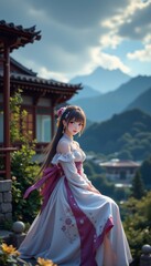 Fototapeta premium Serene Young Woman in Elegant Traditional Dress Surrounded by Nature and Mountains