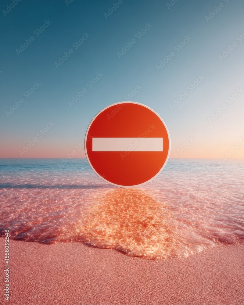 Poster modern no entry sign bold minimalist design floating above pink sandy beach with calm ocean horizon 