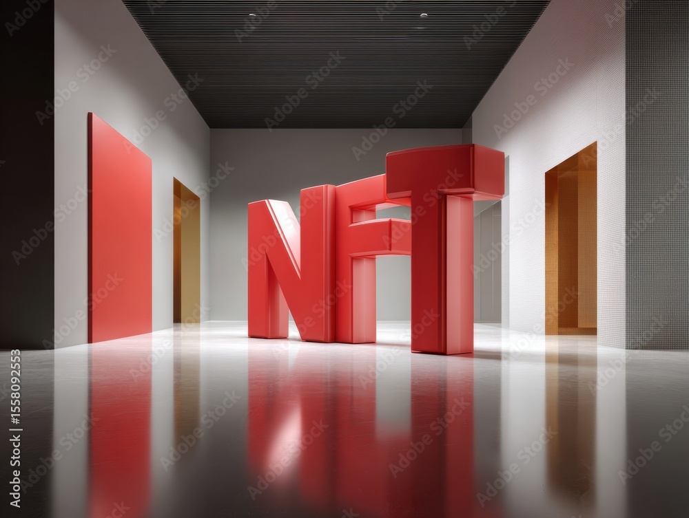 Poster Modern NFT Marketplace Gallery Interior with Bold Red Letters and Pixel Art Displays Symbolizing Digital Art Evolution and Tech Innovation