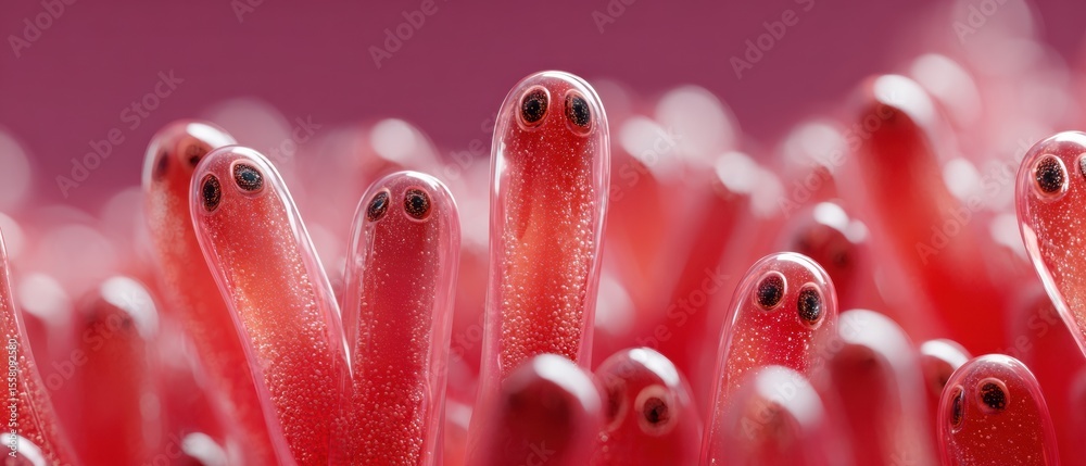 Aufkleber close-up red mosquito larvae clustered at water surface with heads aligned for pest control awarenes