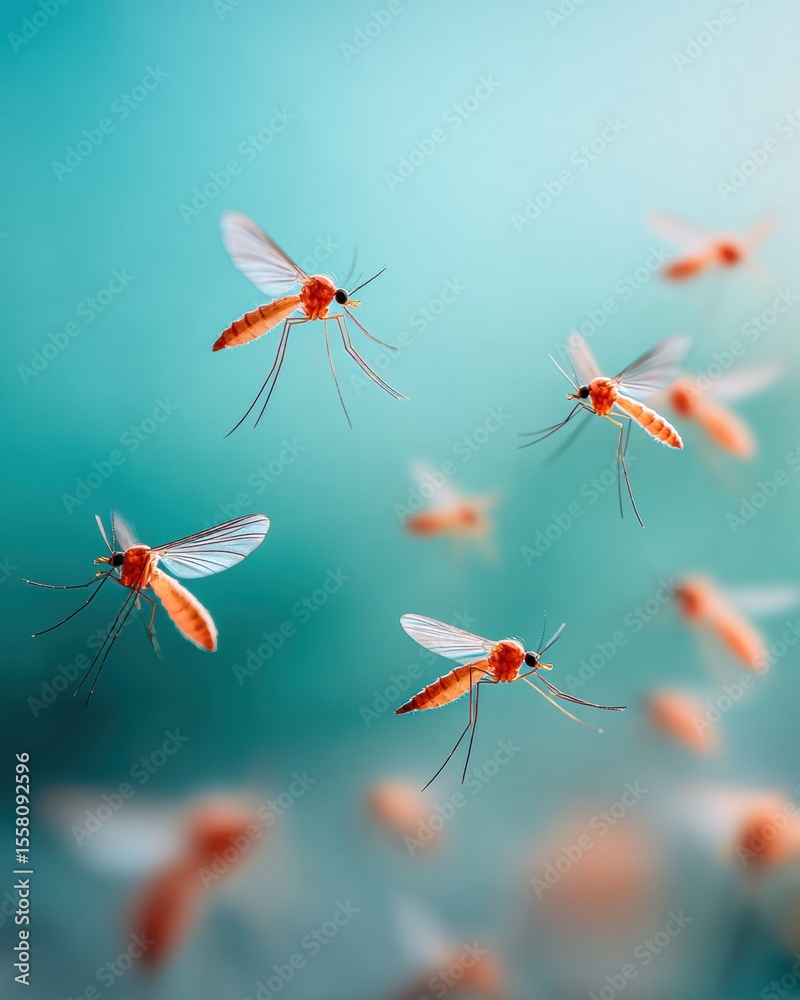 Aufkleber close-up mosquito icon group in flight on blurred blue background symbolizing health risk and rapid 