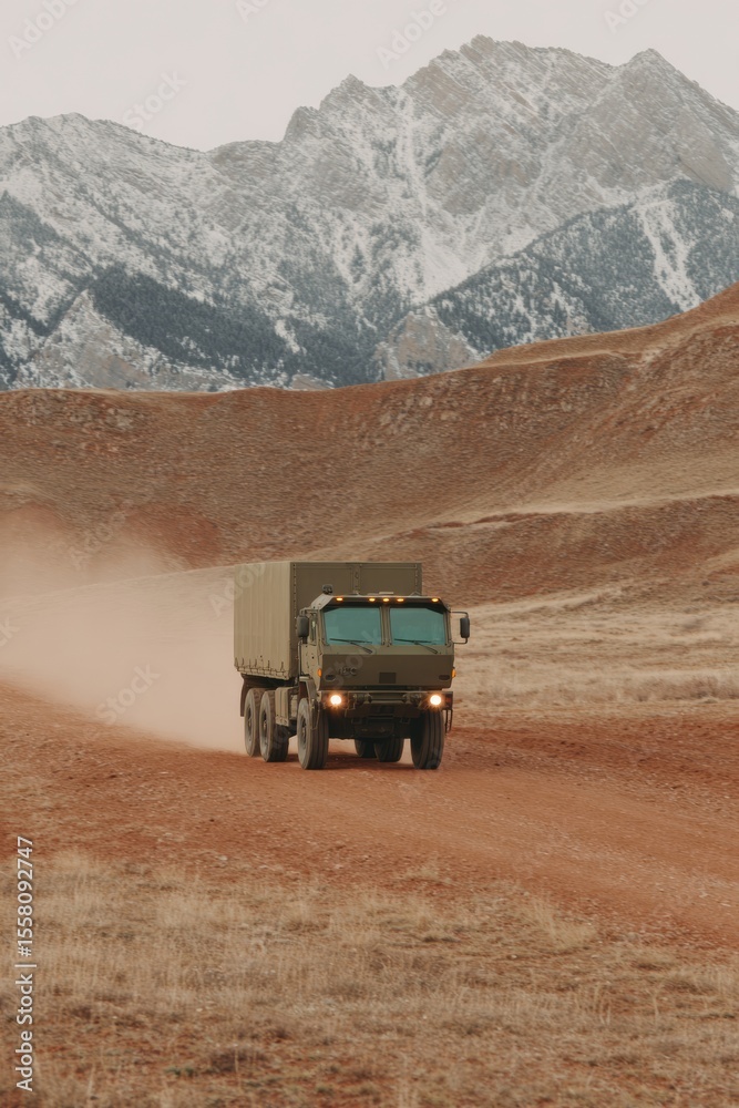 Poster military armored vehicle with missile defense radar system on rugged terrain, showcasing advanced te