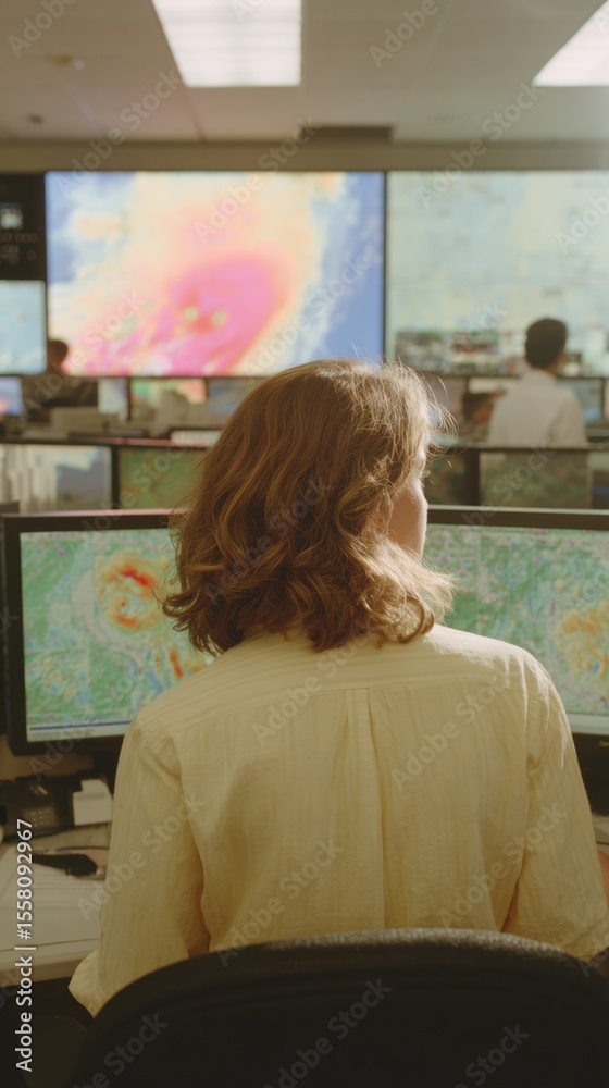 Poster Meteorologist tracking hurricane data in high-tech monitoring center with real-time maps and emergency team collaboration for disaster preparedness