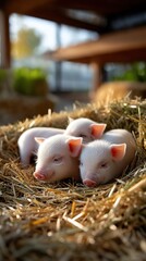 Three piglets nestled in straw