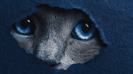 A cat with blue eyes is peeking out from behind a blue curtain. The image has a mysterious and curious mood, as the cat's gaze is directed towards the viewer