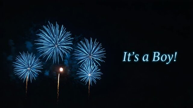 Blue fireworks celebrating baby boy announcement with text