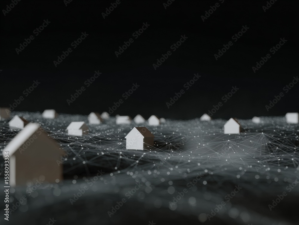 Poster Futuristic Ledger Security with Digital Houses Connected by Network Lines on Grid for Blockchain Real Estate Investment and Property Management