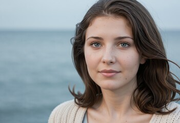 Young woman with brown hair and blue eyes near the ocean She is wearing a cream colored cardigan