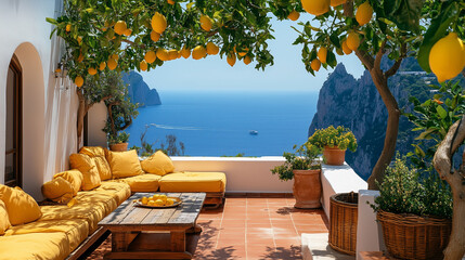 A beautiful view of the ocean with a yellow patio set. The patio is filled with potted plants and a few chairs