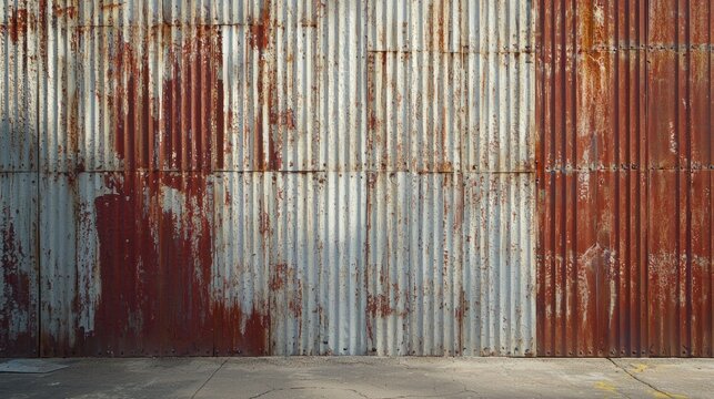 A weathered corrugated metal wall with rust stains and patches of paint peeling off.