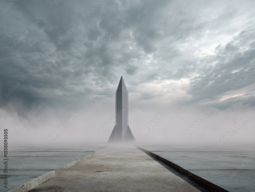 Poster Futuristic Space Rocket on Launch Pad with Moody Cloudy Sky and Concrete Infrastructure Symbolizing Innovation and Aerospace Ambition