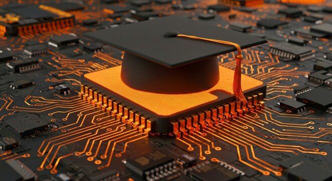 electronic circuit board, Modern concept for learning innovation, future career, smart technology. Graduation cap atop circuit board education tech integration. Digital transformation, online learning