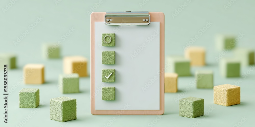 Aufkleber Minimalist digital checklist on clipboard with textured cubes, symbolizing structured organization and quality control in modern office and audit environments