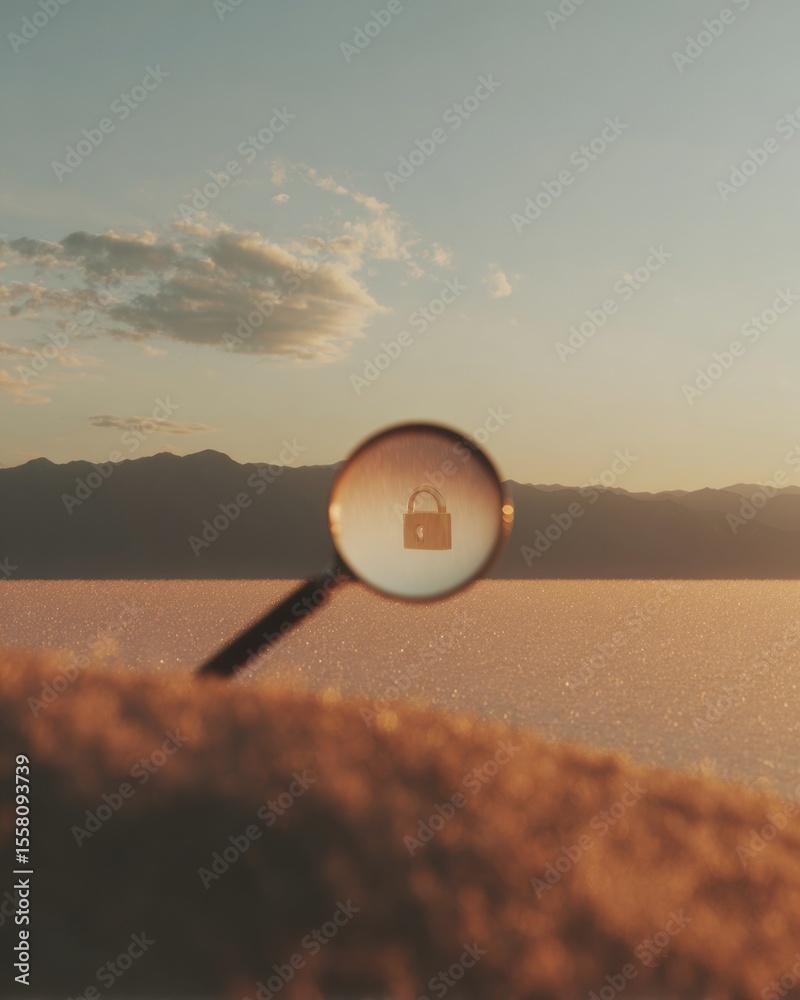 Poster Close-up of magnifying glass inspecting digital padlock over virtual network background for cybersecurity and risk management audits