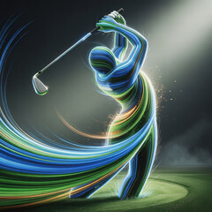 Abstract golf swing: vibrant blue, green, gold streaks forming club arc on dark grey. Dynamic motion, soft light, no golfer.