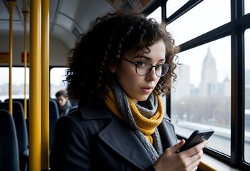 Young woman with curly hair uses smartphone on public transport city view