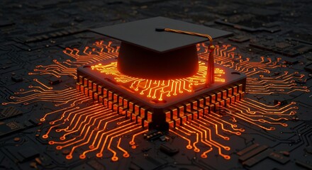 fiber optics background with lots light spots, Modern concept for learning innovation, future career, smart technology. Graduation cap atop circuit board education tech integration. Digital transforma